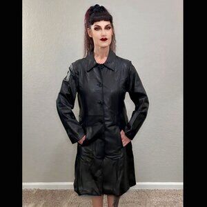 Y2K Black Leather Car Coat Matrix Trinity Goth Punk Metal Formal Jim & MaryLou L